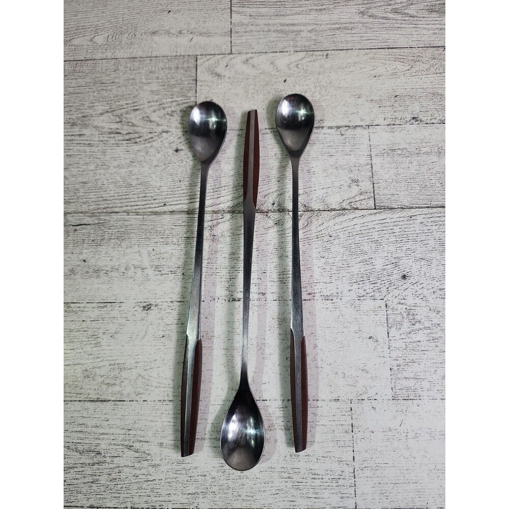 3 Eldan Stainless Steel 8” Ice Tea Spoons Brown Wood Handle MCM Vintage Japan
